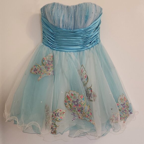RARE Sherri Hill Blue Butterfly Crystal Strapless Tulle Mini Gown Dress b130 - Picture 3 of 9